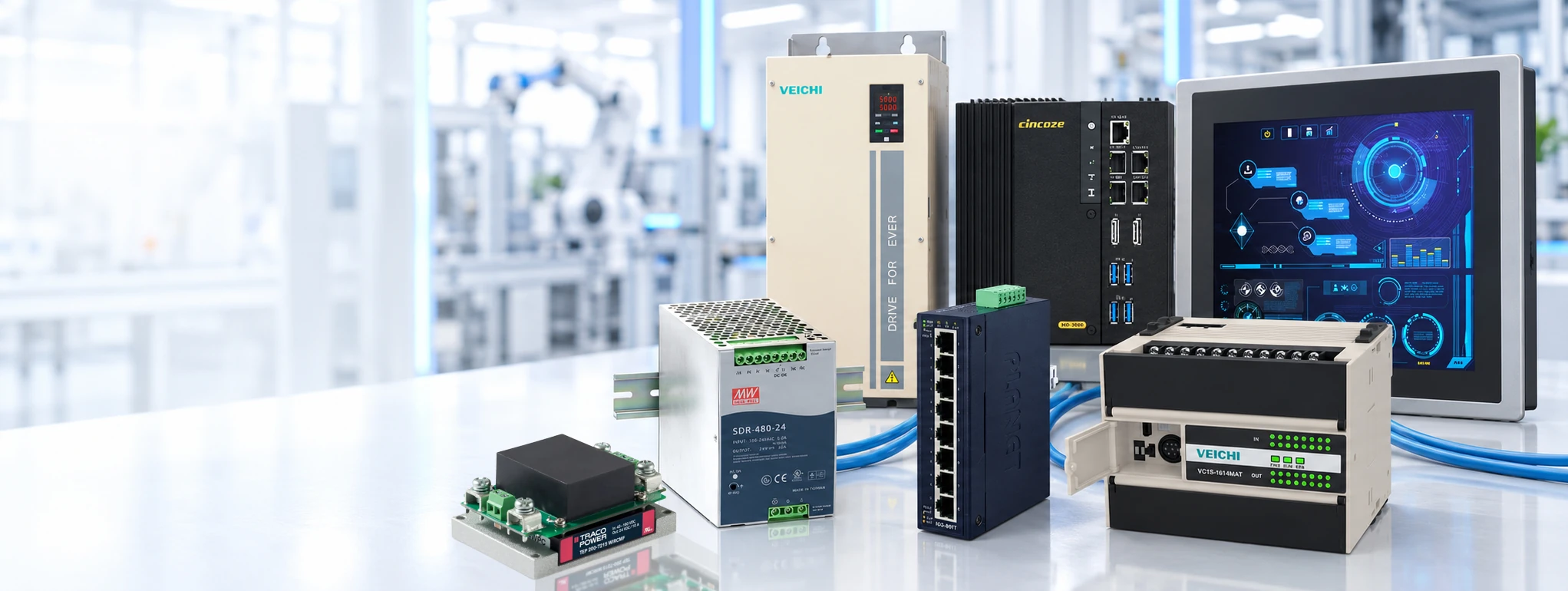 Industrial automation components including a VEICHI drive, embedded computer, panel PC, industrial power supply, Ethernet switch and PLC